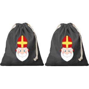 2x Katoenen cadeautasje / strooizak zwart met sluitkoord Sinterklaas - Pepernoten zak