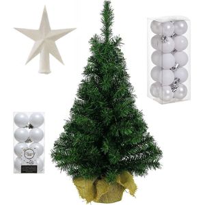 Volle kunst kerstboom 75 cm in jute zak met witte versiering 37-delig - Kerstdecoratie set