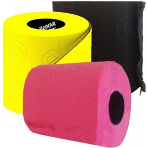 3x Gekleurd toiletpapier rollen 140 vellen - Zwart/fuchsia roze/geel thema feestartikelen decoratie - WC-papier/pleepapier