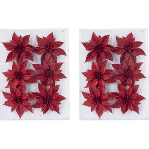 18x stuks decoratie bloemen rozen rood glitter op ijzerdraad 8 cm - Decoratiebloemen/kerstboomversiering/kerstversiering