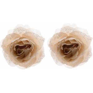 2x Kerstboom decoratie roos creme 14 cm - Kerstversiering kunstroos creme met glitters 2 stuks