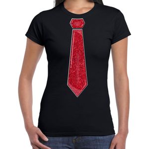 Bellatio Decorations Verkleed shirt dames - stropdas glitter rood - zwart - carnaval - foute party