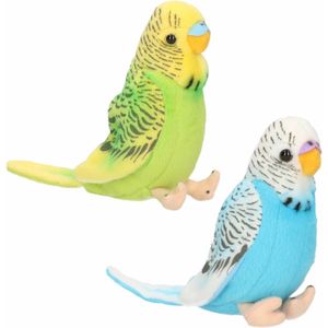 Pluche Knuffel Parkieten Setje Vogels Blauw en Groen 11 cm - Tropische Deco Vogels - Knuffels