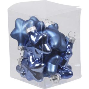 12x Sterretjes kersthangers/kerstballen blauw (basic) van glas - 4 cm - mat/glans - Kerstboomversiering