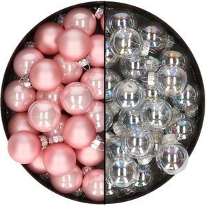 Mini kerstballen - 48x st - transparant parelmoer en lichtroze - 2,5 cm - glas