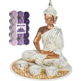 Boeddha beeld voor binnen 29 cm met 30x geurkaarsen lavendel - Buddha beeldje met theelichtjes/waxinelichtjes
