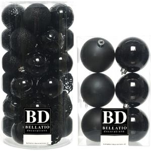 43x stuks kunststof kerstballen zwart 6 en 8 cm glans/mat/glitter mix