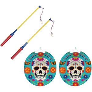 2x stuks ronde lampion 25 cm Day of the Dead sugarskull met lampionstokjes - Halloween trick or treat lampionnen versiering