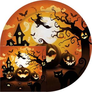 Fiestas Halloween/horror pompoen feest borden en servetten set - 24x - zwart- papier