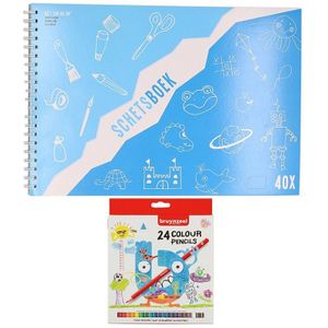 Schetsboek/tekenboek wit papier A3 incl 24 kleurpotloden - Teken/hobby/knutselmateriaal - Tekenset met papier en potloden