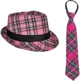 Carnaval Schotse ruit thema verkleed set - hoedje en stropdas - roze tartan - heren