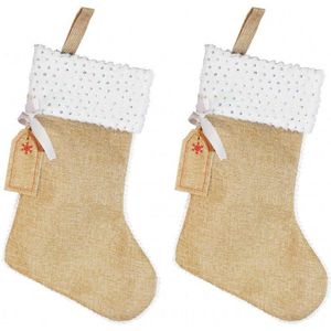 3x stuks jute kerstsokken met witte rand en zilveren pailletten 45 cm - Kerstversiering/kerstdecoratie