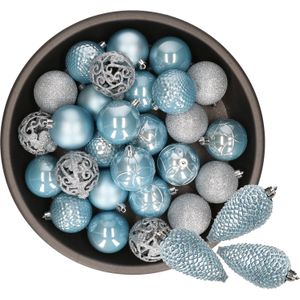 Decoris Kerstballen en dennenappel ornamenten - 43x stuks - kunststof - lichtblauw