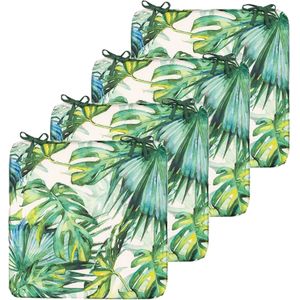 Anna's collection Stoelkussen monstera - 4x - wit/groen - 40 x 40 cm - binnen/buiten