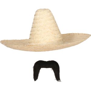 Carnaval verkleed set - Mexicaanse sombrero hoed met plaksnor - naturel - heren