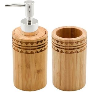 Badkamerset zeeppompje en beker/tandenborstelhouder bamboe 11 cm - badkamer accessoires