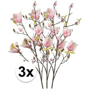 3x Roze kunst Magnolia tak 105 cm - Kunstbloemen