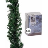 Dennenslinger/dennenguirlande groen 270 cm met helder witte verlichting - Dennen takken guirlandes/kerstslingers
