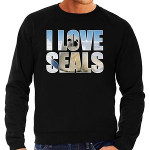 Tekst sweater I love seals met dieren foto van een zeehond zwart voor heren - cadeau trui zeehonden liefhebber