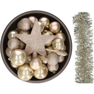 Kerstversiering kunststof kerstballen 5-6-8 cm met ster piek en folieslingers pakket champagne 35x stuks - Kerstboomversiering