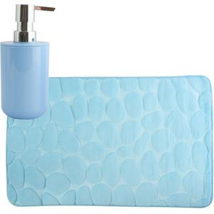MSV badkamer droogloop mat/tapijt Kiezel motief - 50 x 80 cm - zelfde kleur zeeppompje 260 ml - lichtblauw