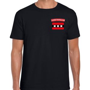 Amsterdam t-shirt met vlag zwart op borst voor heren - Amsterdam steden shirt - 020 supporter kleding