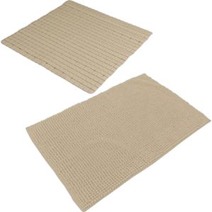 Urban Living Douche anti-slip en droogloop mat/tapijt - badkamer set - rubber/polyester - beige