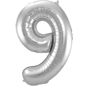 Folat Folie cijfer ballon - 86 cm zilver - cijfer 9 - verjaardag leeftijd
