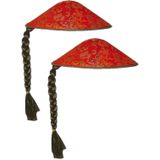 2x stuks aziatische/Chinese verkleed hoed rood met vlecht - Carnaval