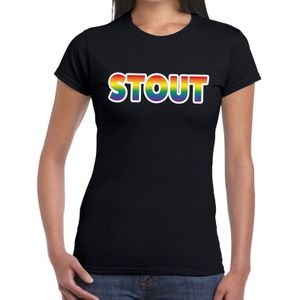 Stout gay pride t-shirt zwart met regenboog tekst voor dames -  Gay pride/LGBT kleding