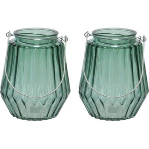 2x stuks theelichthouders/waxinelichthouders streepjes glas zeegroen met metalen handvat 11 x 13 cm - Windlichtjes/kaarsenhouders