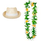 Carnaval verkleed set - Tropische Hawaii party - Ibiza strohoedje - en bloemenkrans groen/wit - voor volwassenen