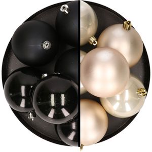 12x stuks kunststof kerstballen 8 cm mix van zwart en champagne - Kerstversiering