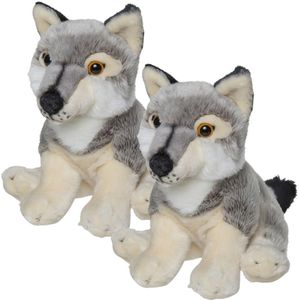 2x Stuks Pluche Grijze Wolf Knuffel 22 cm - Wolven Wilde Dieren Knuffels - Speelgoed Voor Kinderen
