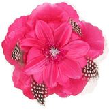 Set van 4x stuks roze speld Hawaii haarbloem met veertjes - Verkleed bloemen voor in je haar