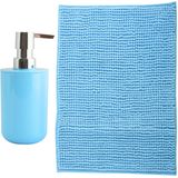 MSV badkamer droogloop mat - Milano - 40 x 60 cm - met bijpassende kleur zeeppompje - lichtblauw