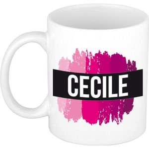 Cecile  naam cadeau mok / beker met roze verfstrepen - Cadeau collega/ moederdag/ verjaardag of als persoonlijke mok werknemers