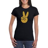 Toppers in concert Zwart Flower Power t-shirt gouden glitter peace hand dames - Sixties/jaren 60 kleding