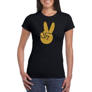 Zwart Flower Power t-shirt gouden glitter peace hand dames - Sixties/jaren 60 kleding