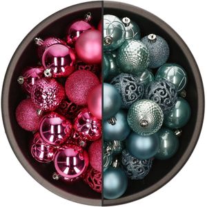 Bellatio Decorations Kerstballen mix - 74-delig - ijsblauw en fuchsia - 6 cm - kunststof