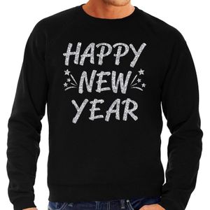 Oud en Nieuw trui / sweater - Happy New Year - zilver op zwart heren - nieuwjaarsborrel / oudjaarsavond outfit