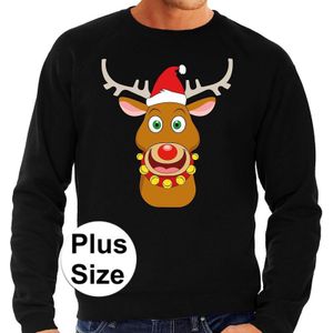 Grote maten foute Kersttrui / sweater - Rudolf rendier - zwart voor heren -  plus size kerstkleding / kerst outfit