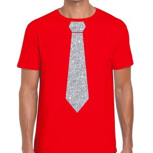 Rood fun t-shirt met stropdas in glitter zilver heren