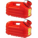 2x stuks kunststof jerrycans rood L36 x B18 x H18 cm - 5 liter - geschikt voor gevaarlijke vloeistoffen/brandstoffen