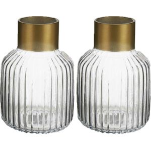 Giftdecor - Bloemenvazen 2x stuks - Decoratie glas - transparant/goud - 14x22 cm