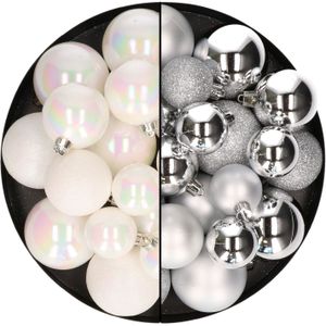Kerstballen 60x stuks - mix parelmoer wit/zilver - 4-5-6 cm - kunststof - kerstversiering