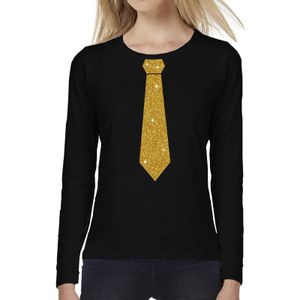 Stropdas goud glitter long sleeve t-shirt zwart voor dames- zwart shirt met lange mouwen en stropdas bedrukking voor dames