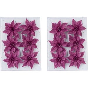 12x stuks decoratie bloemen rozen fuchsia roze glitter op ijzerdraad 8 cm - Decoratiebloemen/kerstboomversiering/kerstversiering