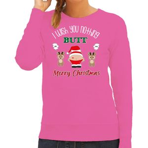 Bellatio Decorations foute Kersttrui/sweater dames - I Wish You Nothing Butt Merry Christmas - roze