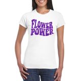 Toppers Wit Flower Power t-shirt met paarse letters dames - Sixties/jaren 60 kleding